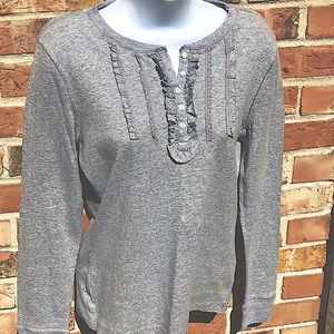 Chaps Ruffle Front Gray Cotton Long Sleeve Shirt, 100% Cotton Woman’s Size M